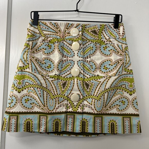 J Crew Trastevere Paisley Mini Skirt Big Buttons Blue Green Cream - Women's 2 - Picture 1 of 11